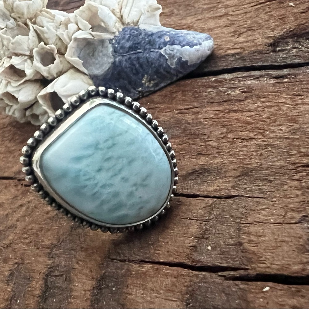 Artisan NWT Bali Thailand Larimar Sterling Silver Ring Large Dome Blue White 7